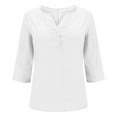 thumbnail image 5 of Txenfivo Henley T-Shirt for Women Linenn Shirts 3/4 Length Sleeve Solid Color Front Button Minimalist Blouse, Casual for Daily Wear V Neck Summer Tops for Women, White, S-3XL, 5 of 9