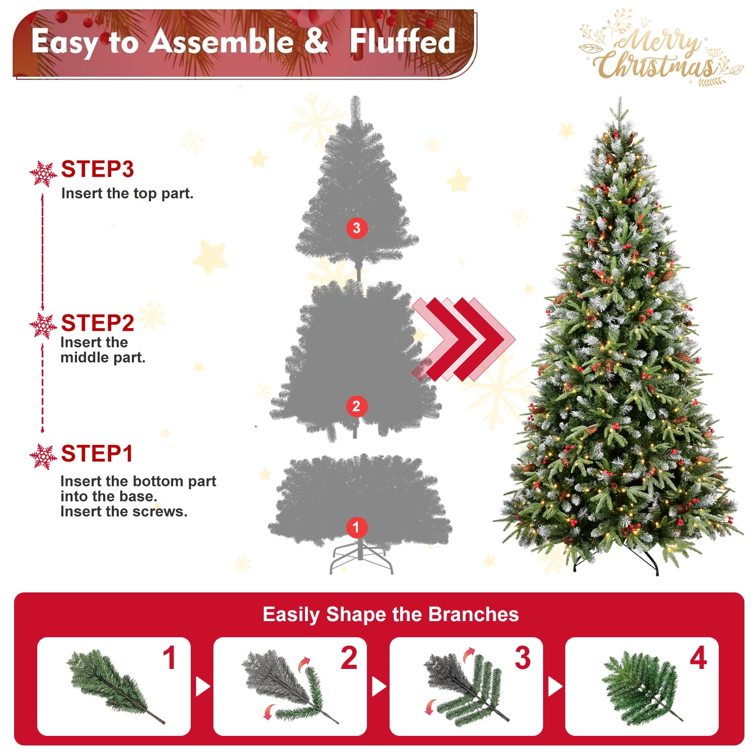 6 Ft Christmas Tree with 350 Warm White LED Lights, 1593 Snow-Tipped PE+PVC Branches, Red Berries & Pine Cones, Hinged Design, Stable Metal Stand, Realistic Holiday Decoration