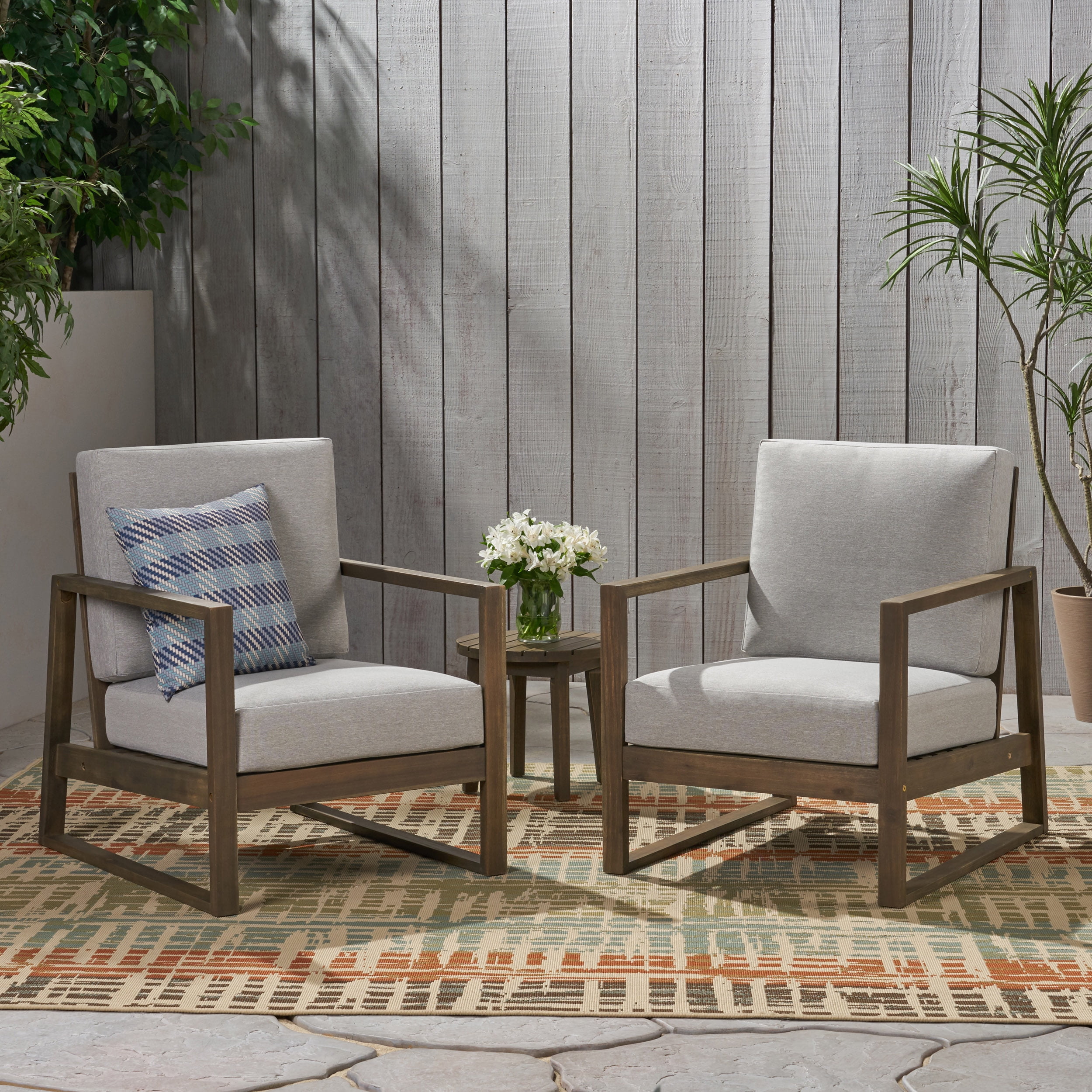 Outdoor Acacia Wood Club Chairs with Cushions - Dark Gray