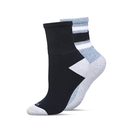 Wellfit 2 Pair Unisex Diabetic Vintage Stripe Half Cushion Quarter Socks, 10-13, Denim