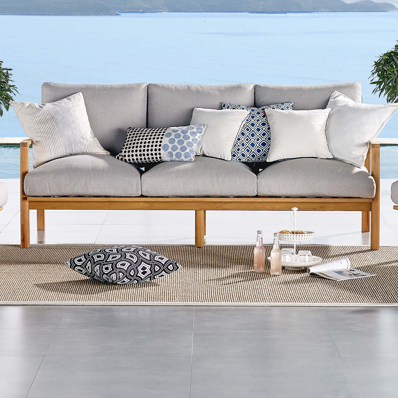 Orlean Outdoor Patio Eucalyptus Wood Sofa in Natural Light Gray