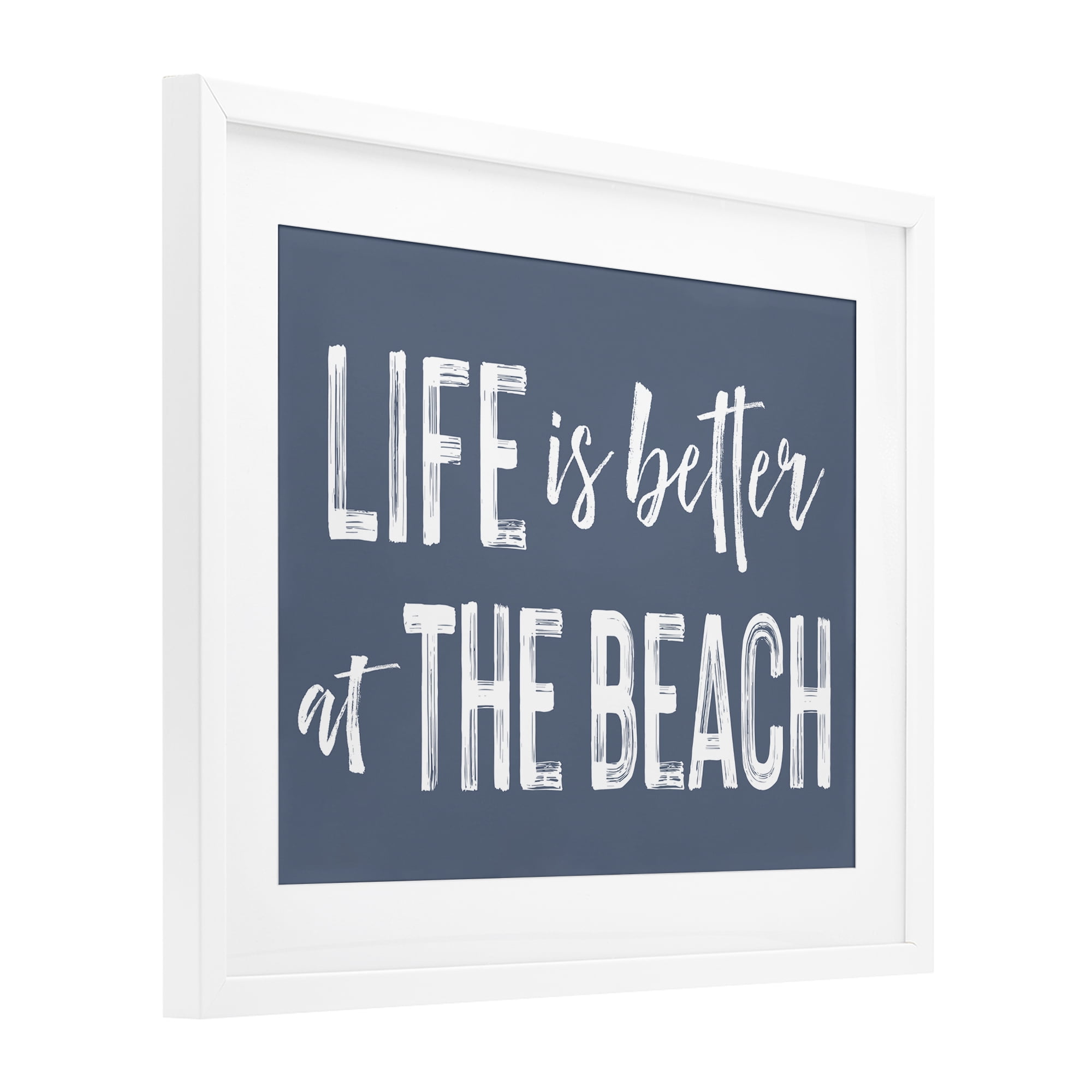 Life Better At Beach Blue White Framed Print Under Glass, design by Lettered and Lined