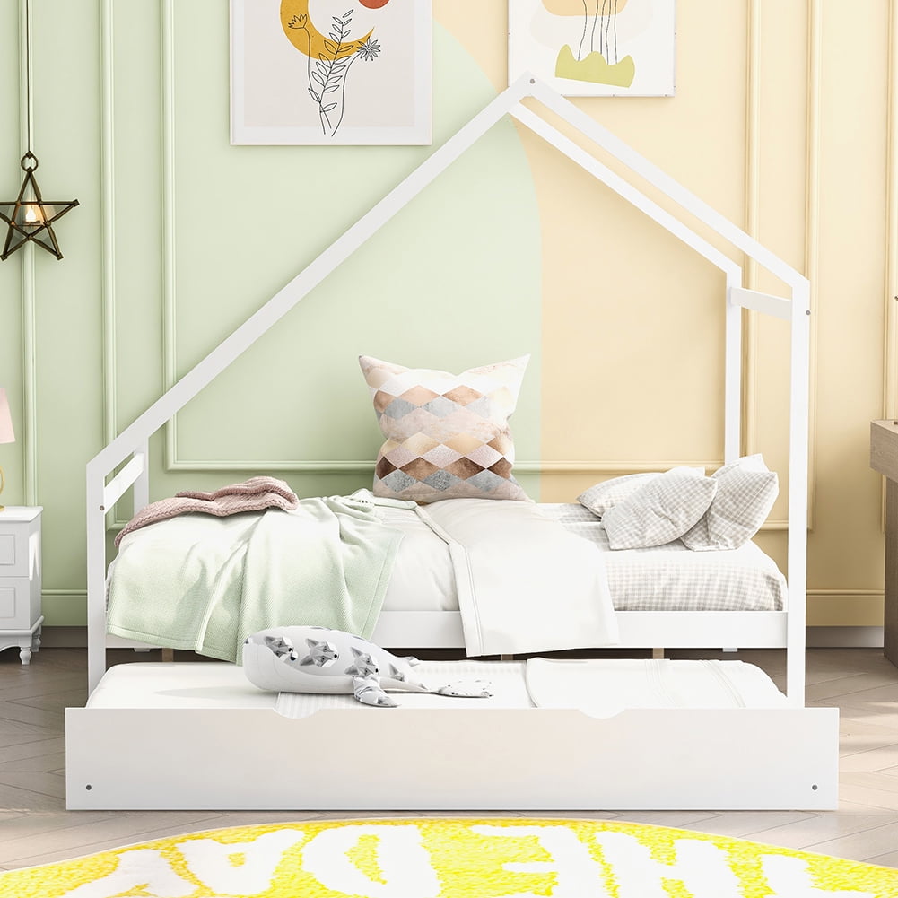 Kepooman Full-Size Wooden House Bed Frame for Kids With Twin Size Trundle, White Kepooman Full-Size Wooden House Bed Frame for Kids With Twin Size Trundle, White