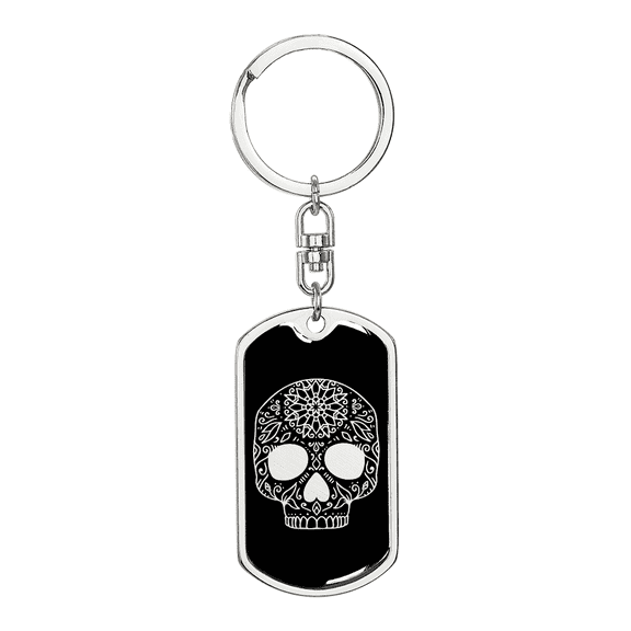 Calavera Mexican Sugar Skull 184 Stainless Steel or 18k Gold Premium Swivel Dog Tag Keychain