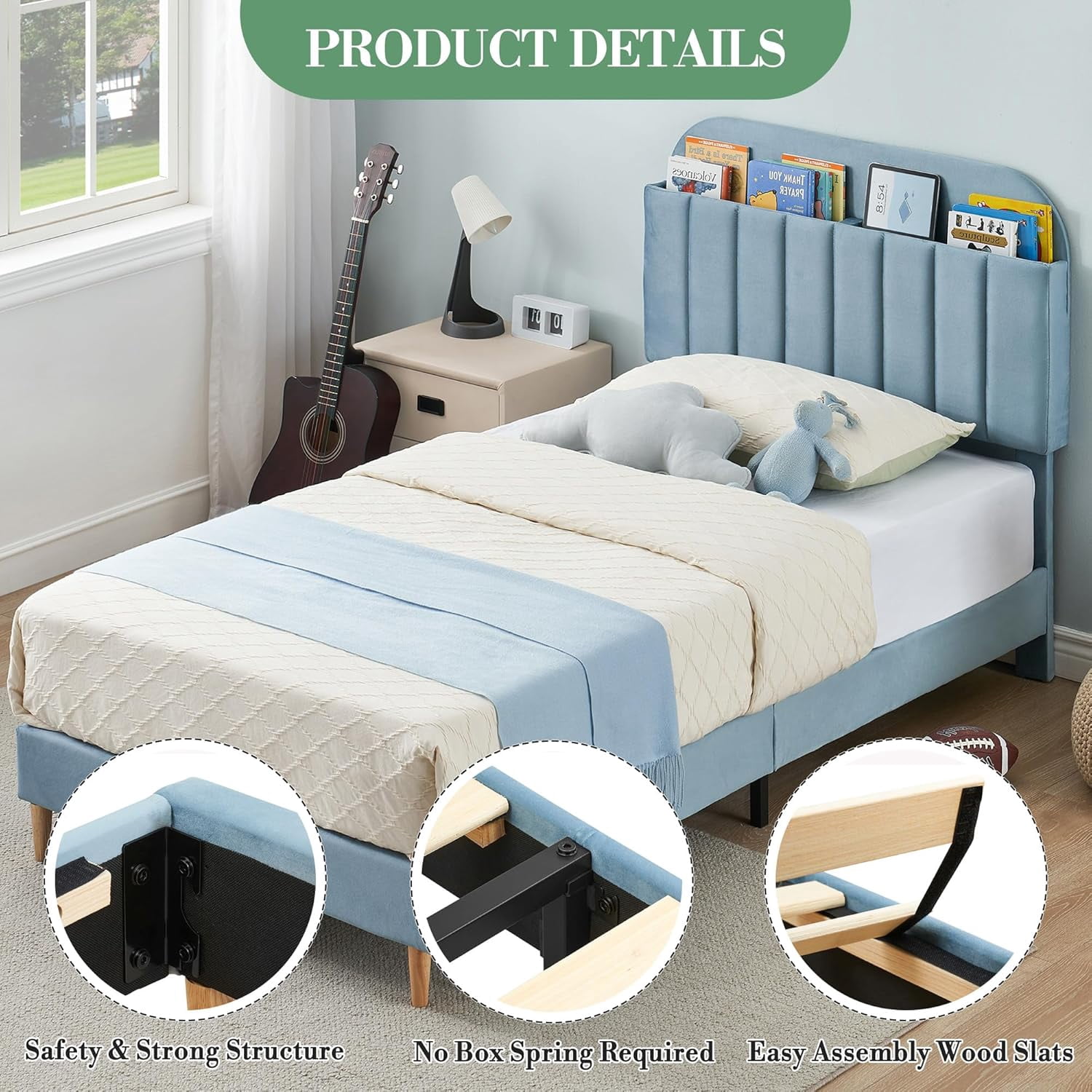 COZONY Twin Bed Frame, Velvet Upholstered Platform Bed w/ Bookcase Headboard, No Box Spring Needed, Noise-Free, Blue
