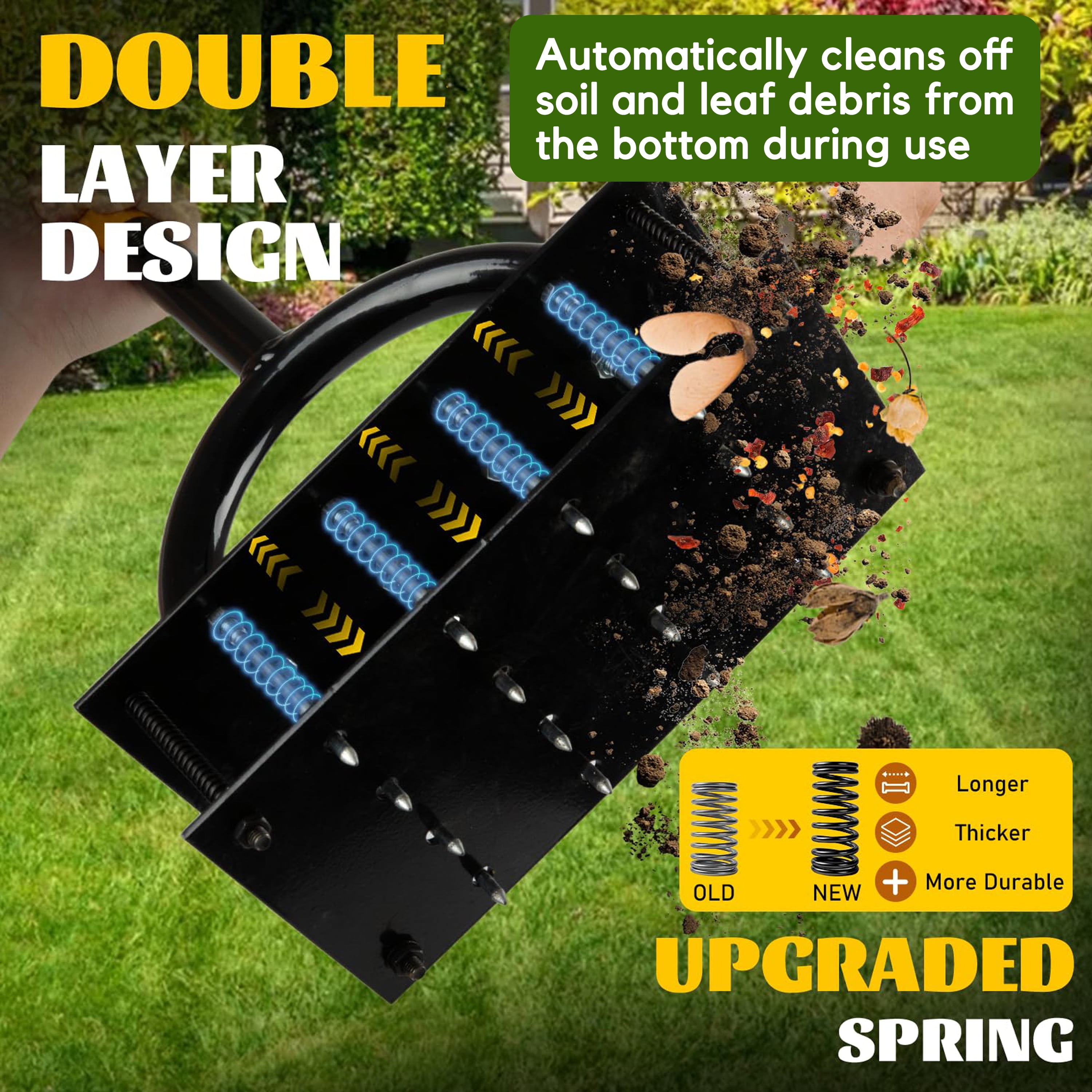 Hyindoor Lawn Aerator Tool, Manual Metal Tool Set with 16 Solid Steel Spikes, Automatic Leaf and Dirt Cleaning with Spring Base Design, Garden Tool for Yard Care（with Gloves）