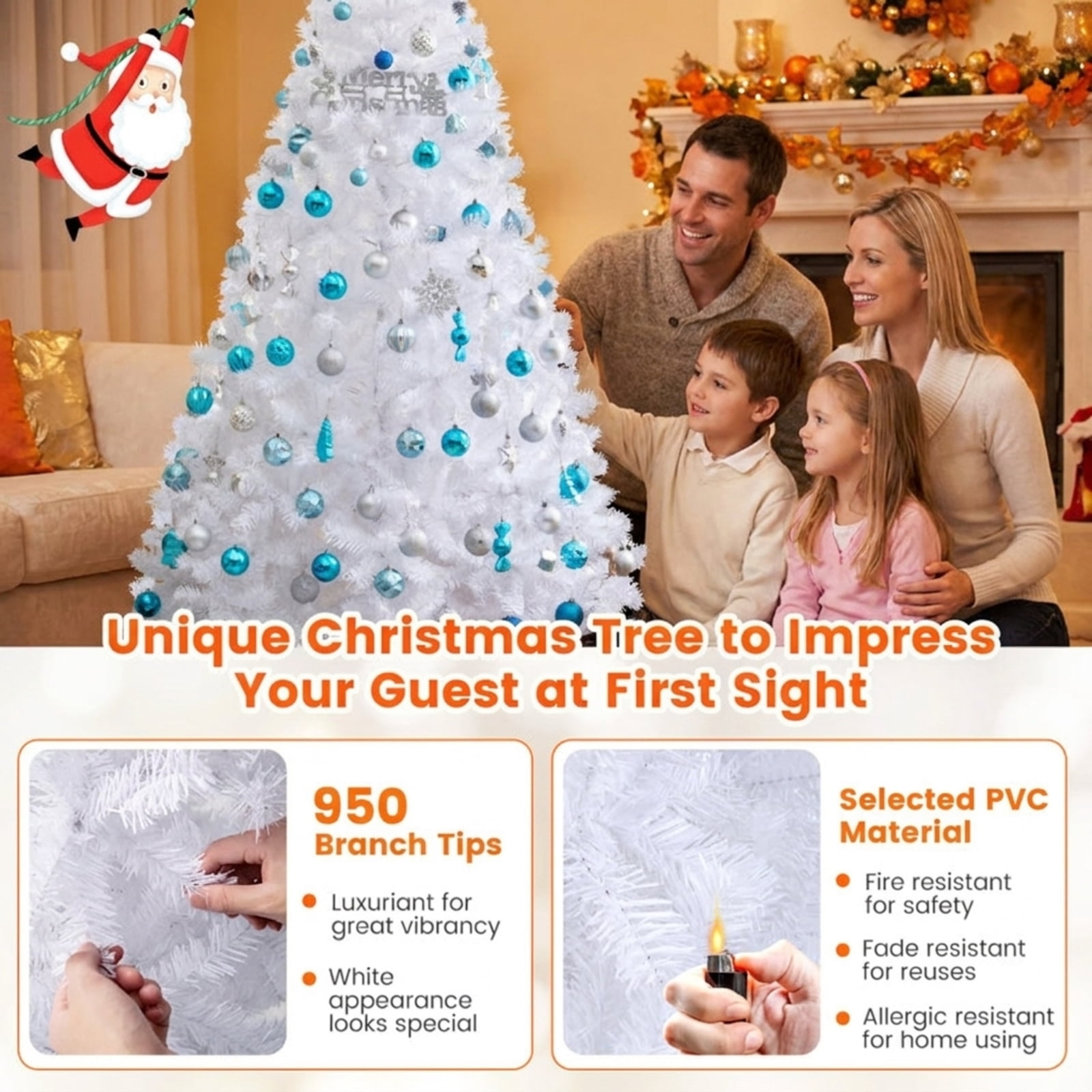 RUIE 7 FT White Artificial Christmas Tree with Sturdy Metal Stand, 950 Lush PVC Tips, Hinged Easy Assembly Holiday Tree for Indoor Home Decoration