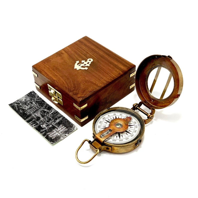 Soldiers Military Thumb Compass Vintage Brass WW2 1940 Navigation Compass | World War II Style Military Compass with Anchor Engraved Wooden Box