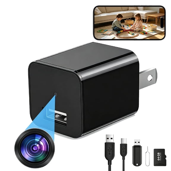 1080P Small Wireless Camera with USB Charger for Home Security Indoor Motion Detection, with 64GB SD Card
