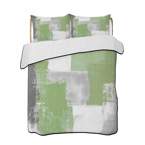 Quilts Twin Size, Sage Green Grey Oil Painting Soft Comforter Bedding Set for Bed, Abstract Modern Geometric Lightweight Quilted Bedspread with Pillow Cover(2 Pieces) for All Season, 68x86 Inch