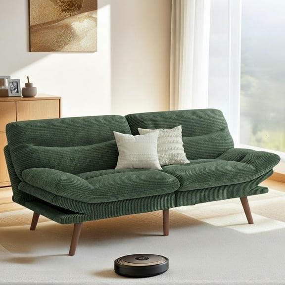 Futon Sofa Bed, 66 Inch Corduroy Futon Couch Convertible with Adjustable Backrest and Armrests, Recliner Sleeper Sofa for Small Spaces, Living Room, Office, Guest Room (Green, 66 Inch)