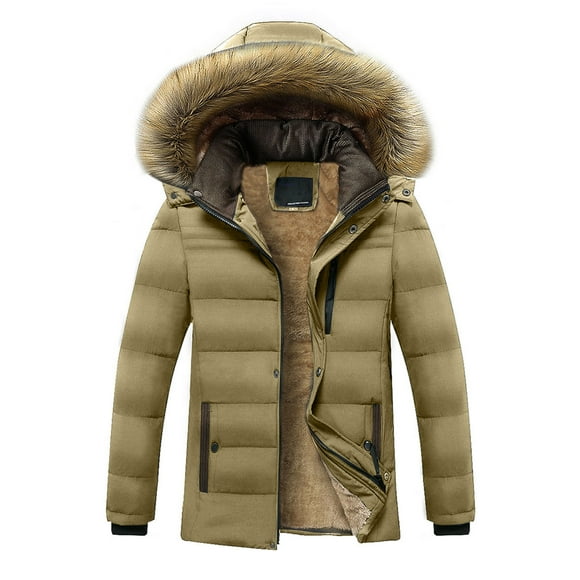Fengqque Men's Cotton-Padded Jacket Coats Fur Collar Detachable Hooded Puffy Coat Casual Plus Velvet Warm Cotton Clothes Khaki 18(XXXXXL)