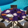thumbnail image 6 of Round Table Cover 36-44 Inch Pumpkins Halloween Waterproof Reusable Table Cloth Round Fitted Vinyl Tablecloth with Elastic Edged for Parties Outdoors, Purple Orange Botanical, 6 of 9