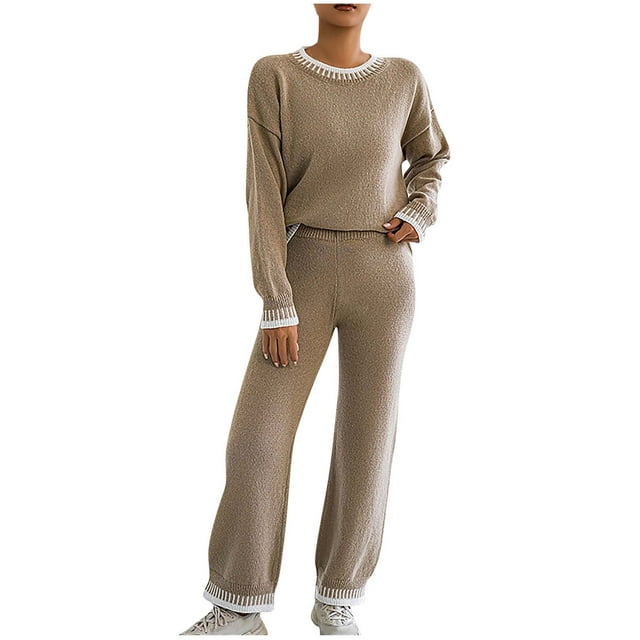 Enjoytime Womens Fall 2 Piece Outfits Solid Color Long Sleeve Pullover Tops Wide Leg Pants Fashion Loose Loungewear Sets