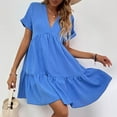 thumbnail image 3 of Dpytoraw Women's Ruffles Fresh And Sweet V Neck Solid Color Large Swing Casual Skirt Dress, 3 of 4