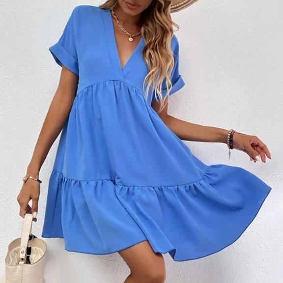 Women s Casual Tennis Dress with V Neck Solid Color Ruffles Large Swing Skirt for Everyday Wear Blue L