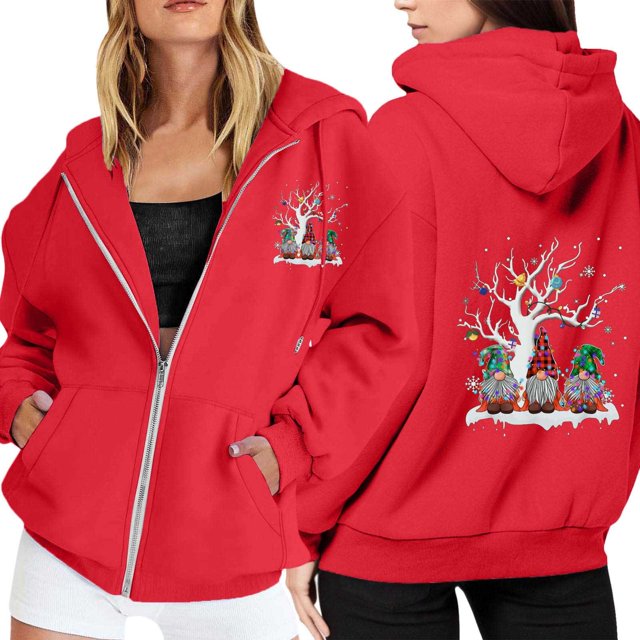 WILLBEST Sudadera Deportiva para Mujer Ladies' Christmas Printed Zipper Long Sleeved Pocket Drawstring Casual Hooded Sweatshirt 1790 Chica