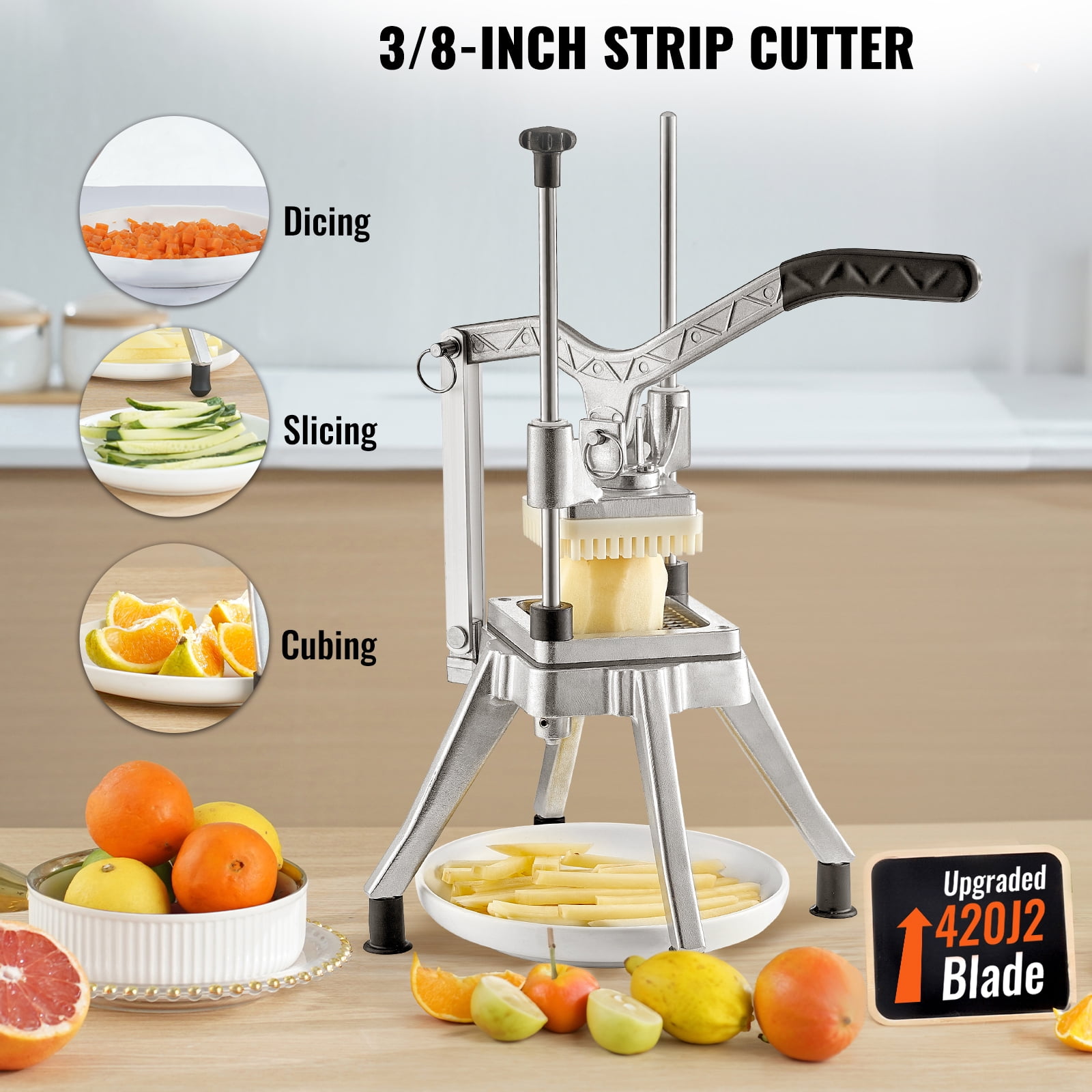 KFFKFF Commercial Vegetable and Fruit Chopper with 3/8″ Blade, Heavy-Duty Food Dicer and Slicer for Tomatoes, Peppers, Potatoes, Mushrooms, and More, Stainless Steel Construction, Silver