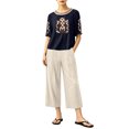 thumbnail image 2 of IUYRTFE Women's Embroidered Short Sleeve Top and Cropped Pants Set with Pockets Cotton Linen Blend Casual Two Piece Outfit, 2 of 7