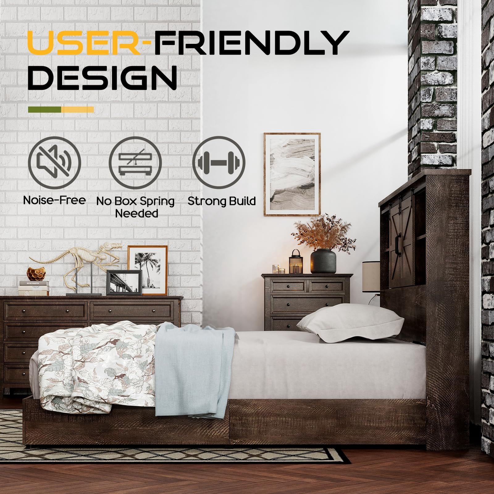 VanAcc Queen Size Wooden Platform Storage Bed Frame with 51.2" Wood Bookcase Headboard(Brown)