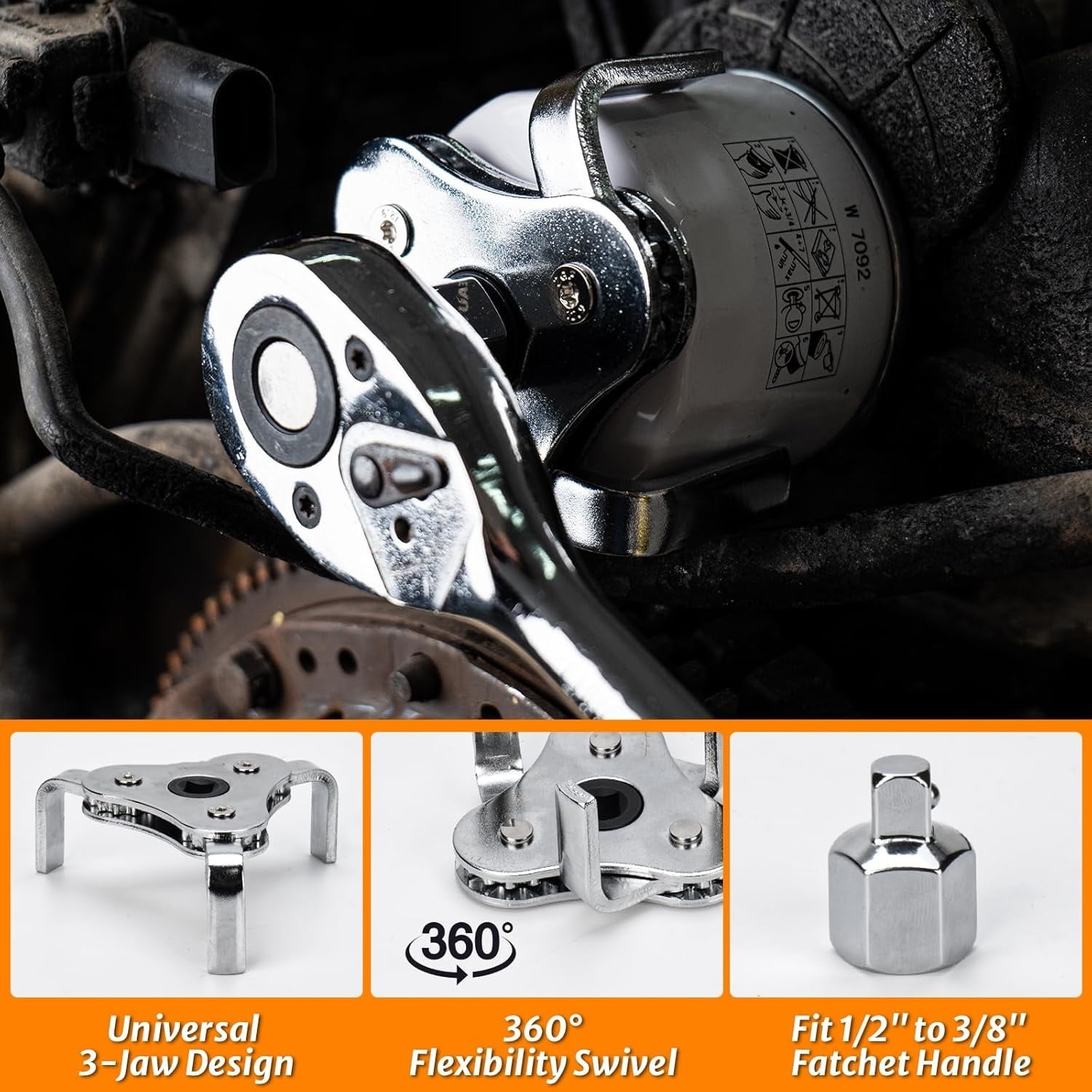 Oil Filter Wrench Set, 8 Piece Adjustable Oil Filter Wrenches 2-3/4" to 5-1/4", 9" & 12" Universal Oil Filter Removal Tool with 1/2" to 3/8" Adapter, Organized in Storage Case