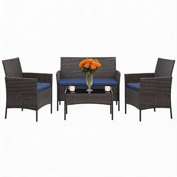 4-Piece Rattan Patio Conversation Set with Table and Chairs, Water-Resistant PE Wicker, Tempered Glass Tabletop, Soft Cushion, for Garden, Poolside, Balcony