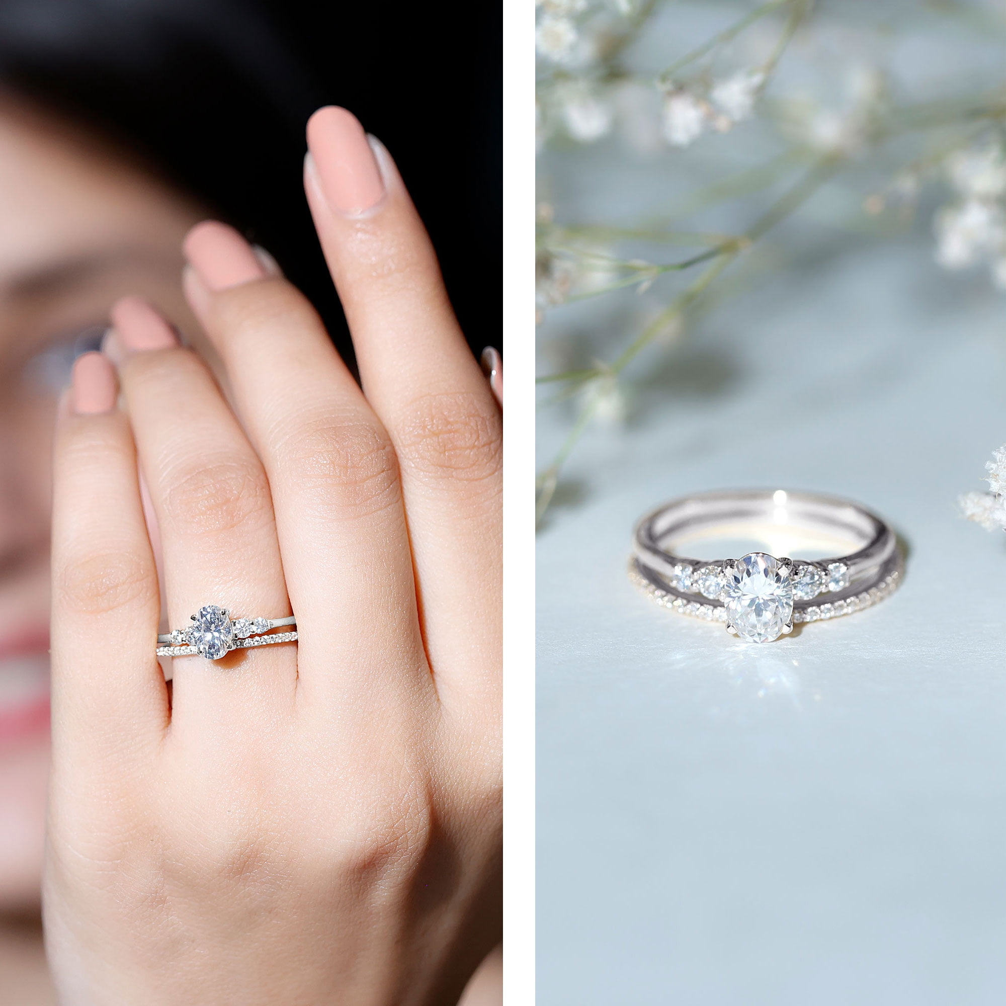 Rosec Jewels Lab Diamond Wedding Ring Set for Women - 0.75 Carat Oval Engagement Ring with Band (EF-VS Grade), 14K White Gold, US 10.50