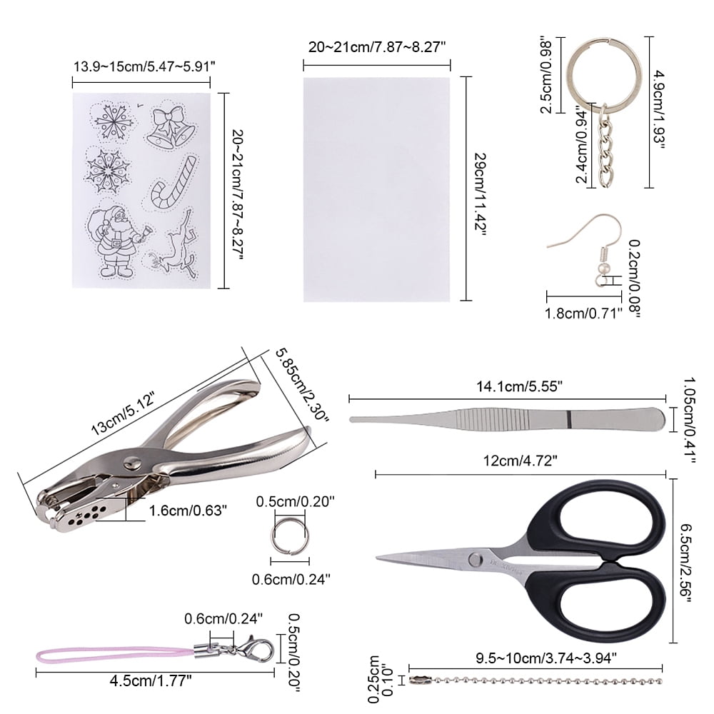 DIY Jewelry Kit with Heat Shrink Sheets Film Alloy Handheld Puncher Stainless Steel Tweezers Iron Split Key Rings Mobile Straps Platinum & Stainless Steel color 29x20x0.2cm