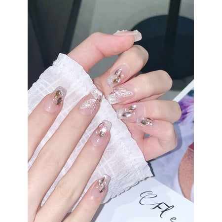 Pure hand-worn nail ice transparent nude pure desire wind nail patch wholesale full of diamonds flash hand-painted fake nails white