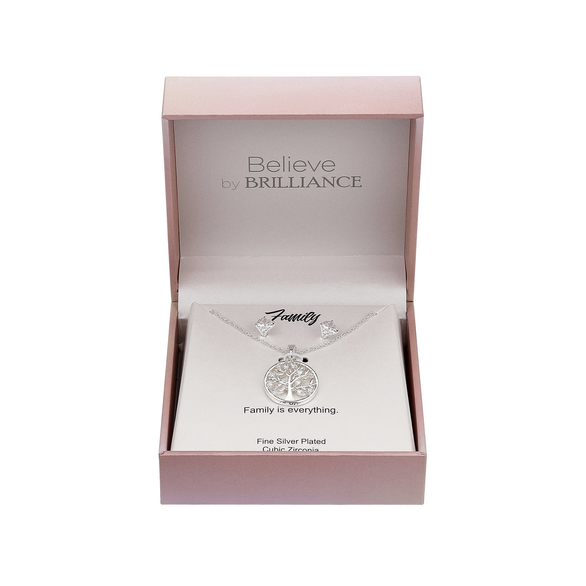 Believe by Brilliance Women's Fine Silver Plated Cubic Zirconia Family Tree Pendant Necklace and Stud Earring Set, 18+2" Extender