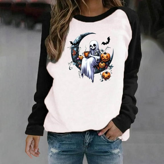 HOOJT Halloween Sweatshirts for Women Oversized Loose Long Sleeve Shirts Fall Round-Neck Blouses Cute Funny Printed Sweaters Crewneck Pullover Top Halloween Costumes