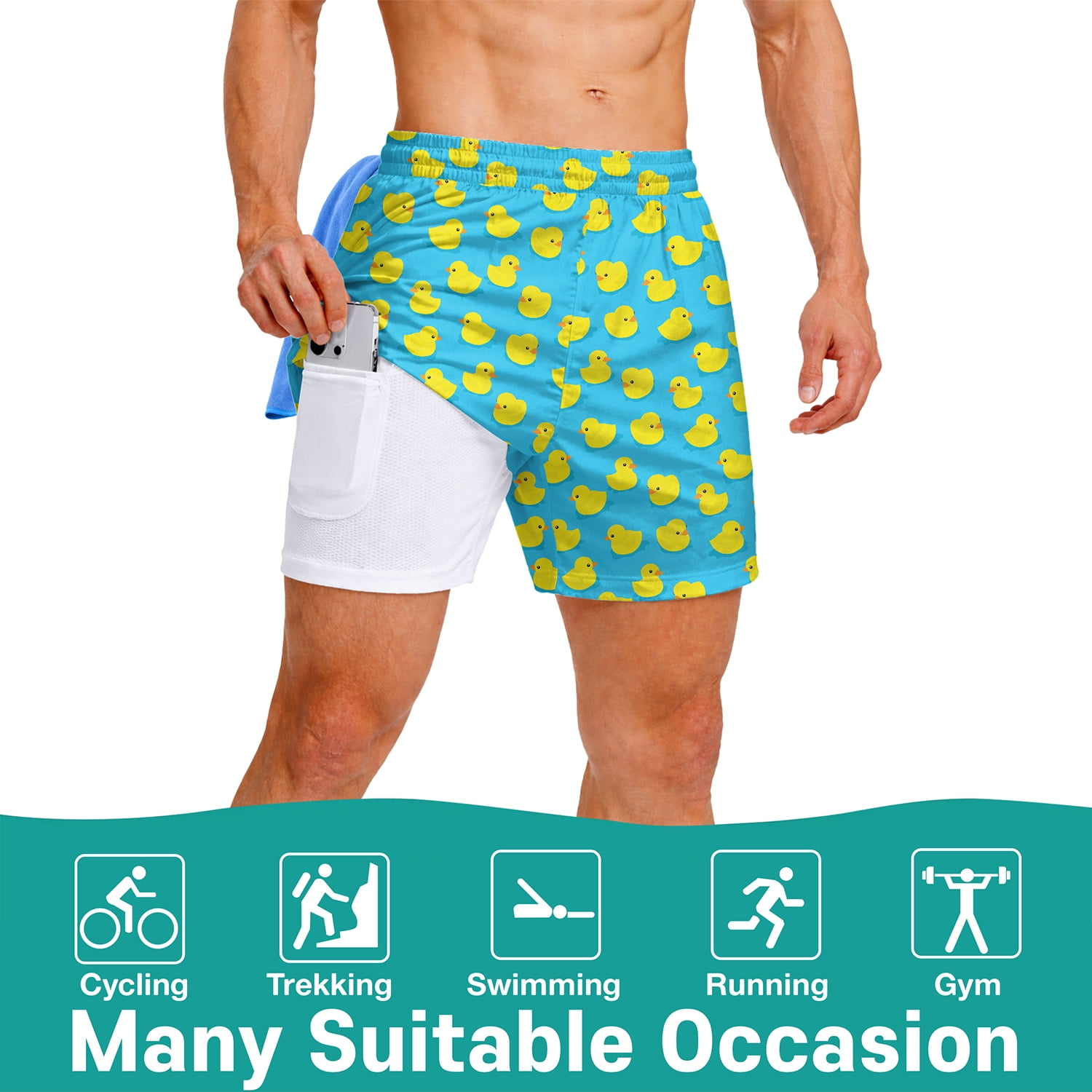 Men’s 2-in-1 Swim Trunks with Compression Liner, Quick-Dry Stretch Fabric, Drawstring Waist, and Pockets - Beach, Swimming, and Active Wear - Duck S