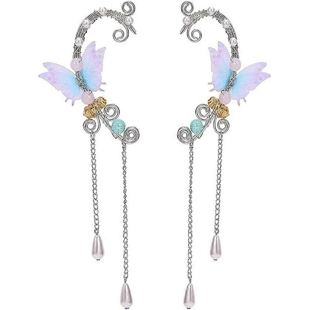 UBIUO Elf Ear Cuffs Clip on Earrings Butterfly Flower Tassel Filigree Elven Cosplay Fairy Ear Wrap Cuffs Earrings for Women Girls Wedding Jewelry - -