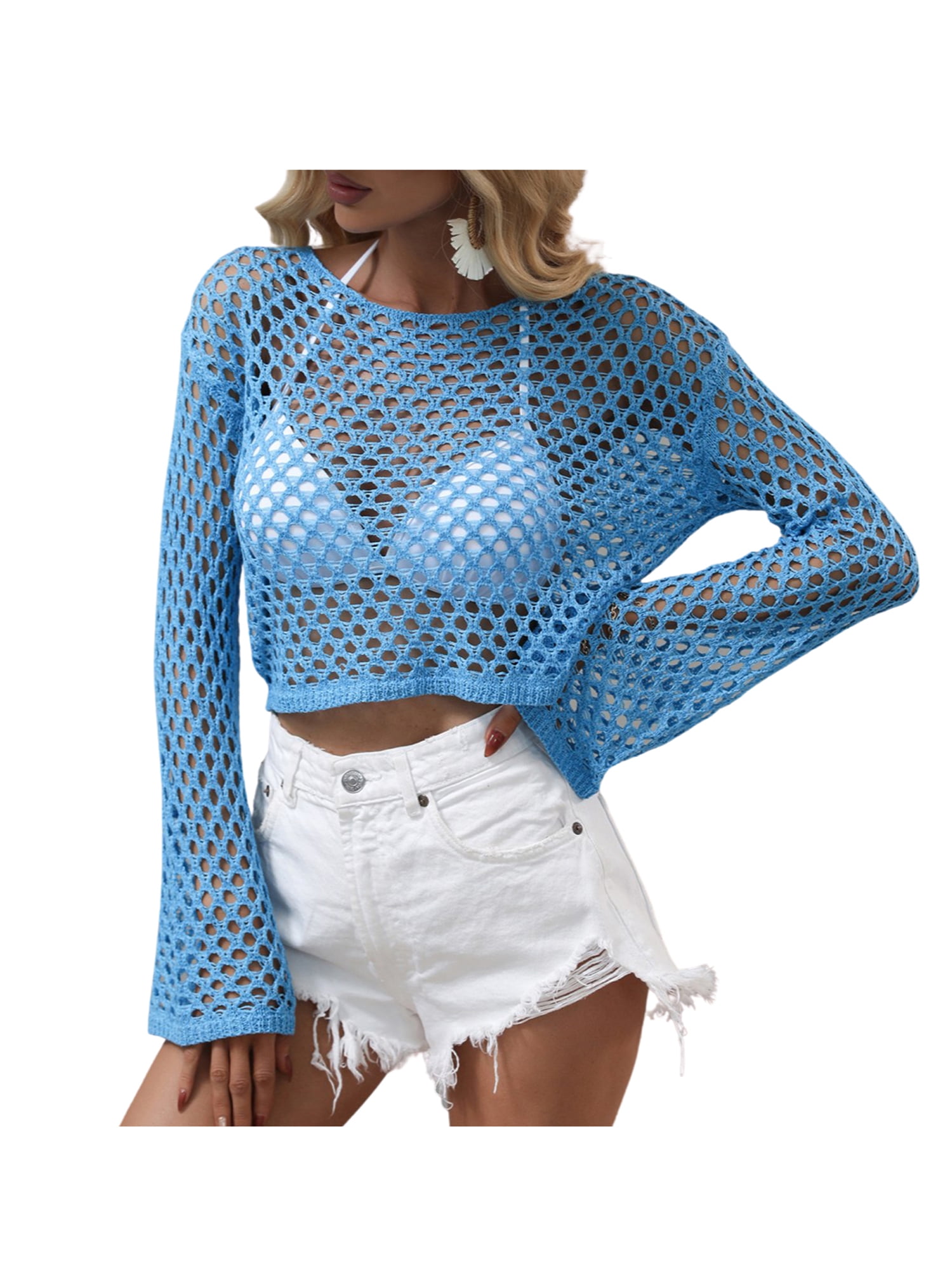 Youweixiong Women Sexy Hollow Out Long Sleeve Mesh Crop Top Round-Neck  Knitted See-Through Fish Net Pullover Cover Up T-Shirt