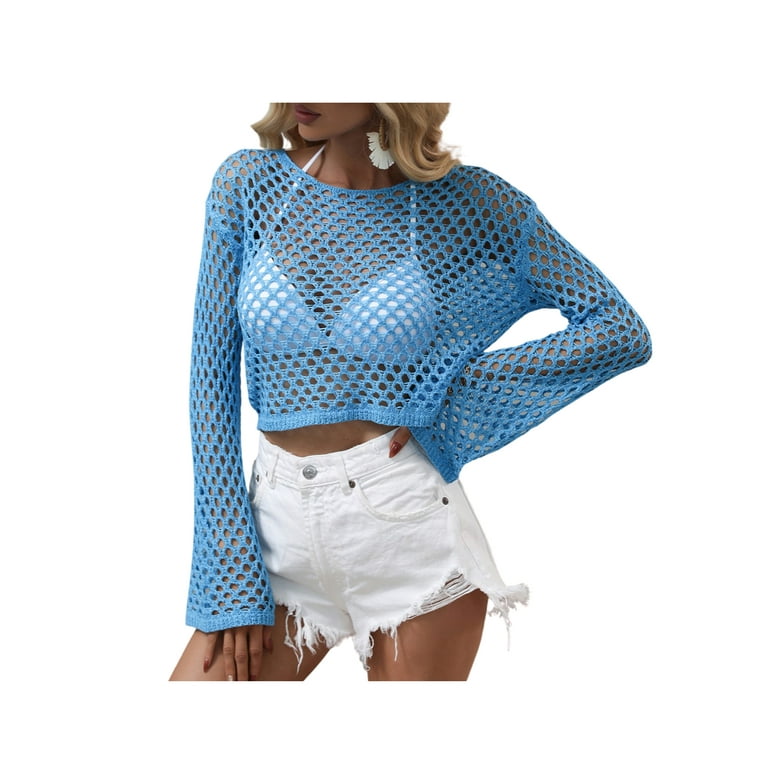 wybzd Women Hollow Out Sweater Pullover Long Sleeve Crohet Knit Crop Top  Mesh Knitted Pullover Tops Blue L 
