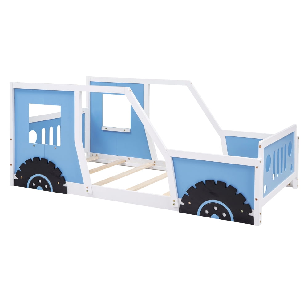 Gzxs Twin Size Platform Bed Classic Car-Shaped Wooden Bed Frame with Wheels for Bedroom Playroom, Blue