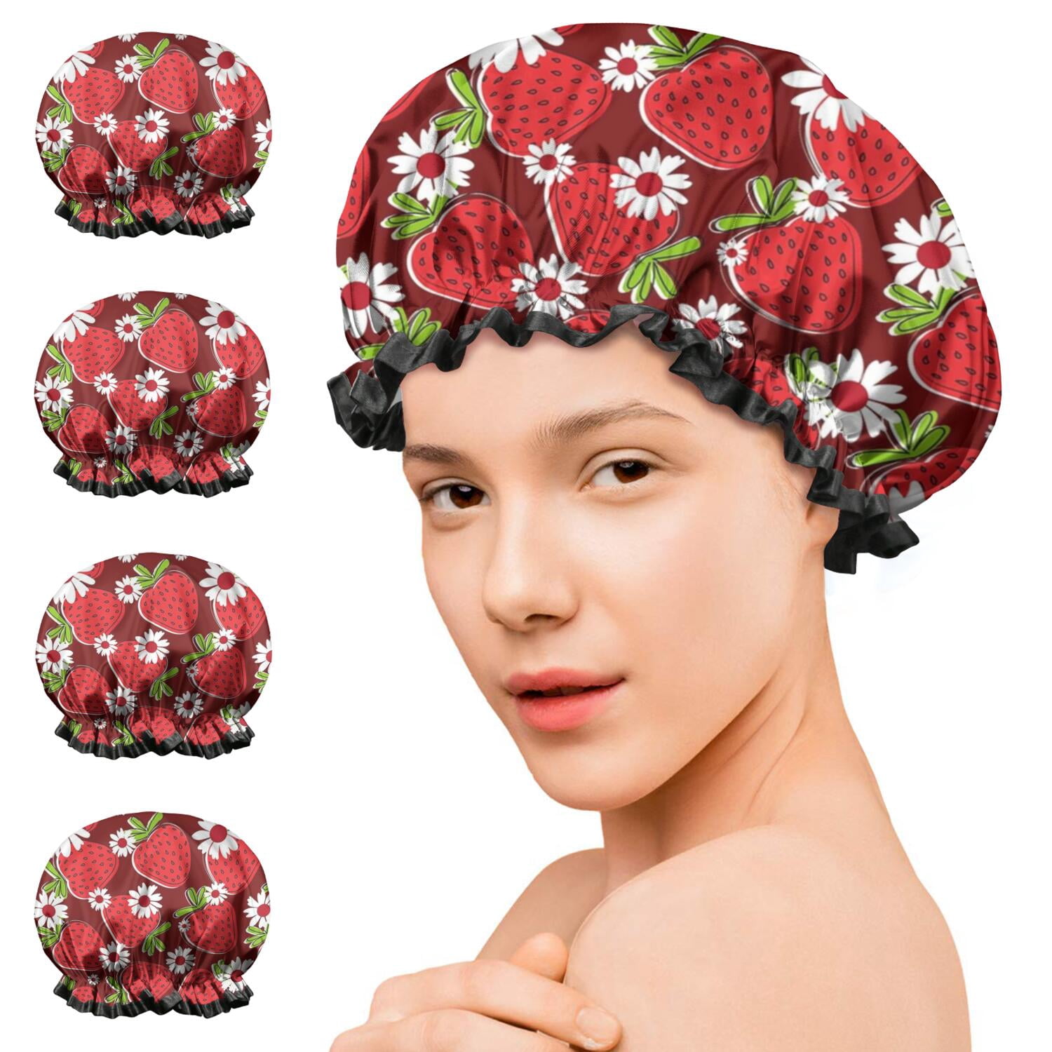 Shower Caps,Red Strawberry Plants Fruit Flower Waterproof Shower Cap for Women 4 Pieces,Double Reusable Hair Cover for Shower PEVA Elastic Stretch Hem