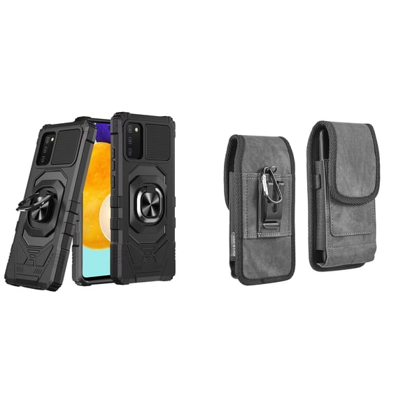 Case with Belt Holster Bundle for Samsung Galaxy A03s: Heavy Duty Series Protection Cover (Black) and Vertical Rugged Denim Nylon Phone Pouch