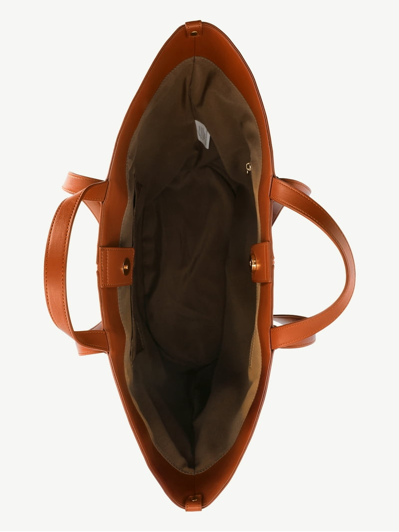 Time and Tru Women's Faux Leather Tulip Tote Handbag, Cognac