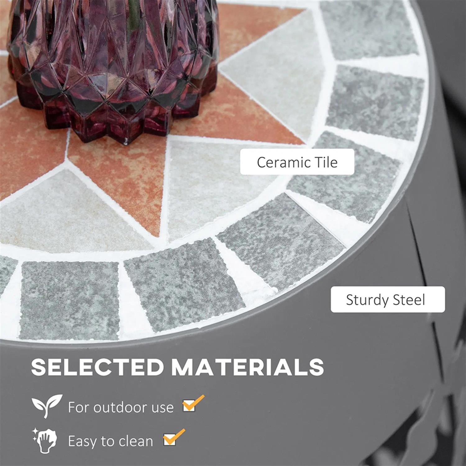 Demi Bonn 12" Patio Round Side Table, Outdoor Footstool Plant Stand, Garden Mosaic Decorative End Table for Backyard, Lawn, Balcony, Porch, Gray