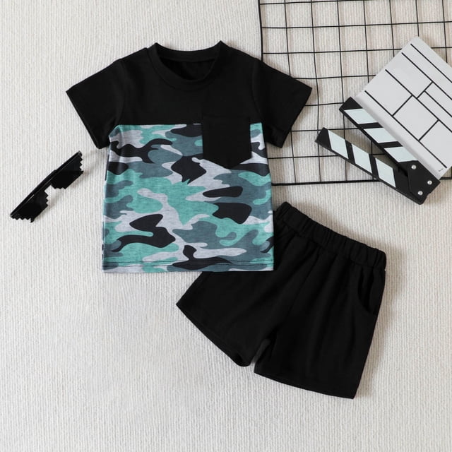 EGNMCR Ensembles de Blouses et Chemises à Manches Courtes Col Rond pour Tout-Petits Garçons Bébés Mode Mignon Manches Courtes Imprimé Camouflage Décontracté Ensemble de Shorts à Poches pour Filles