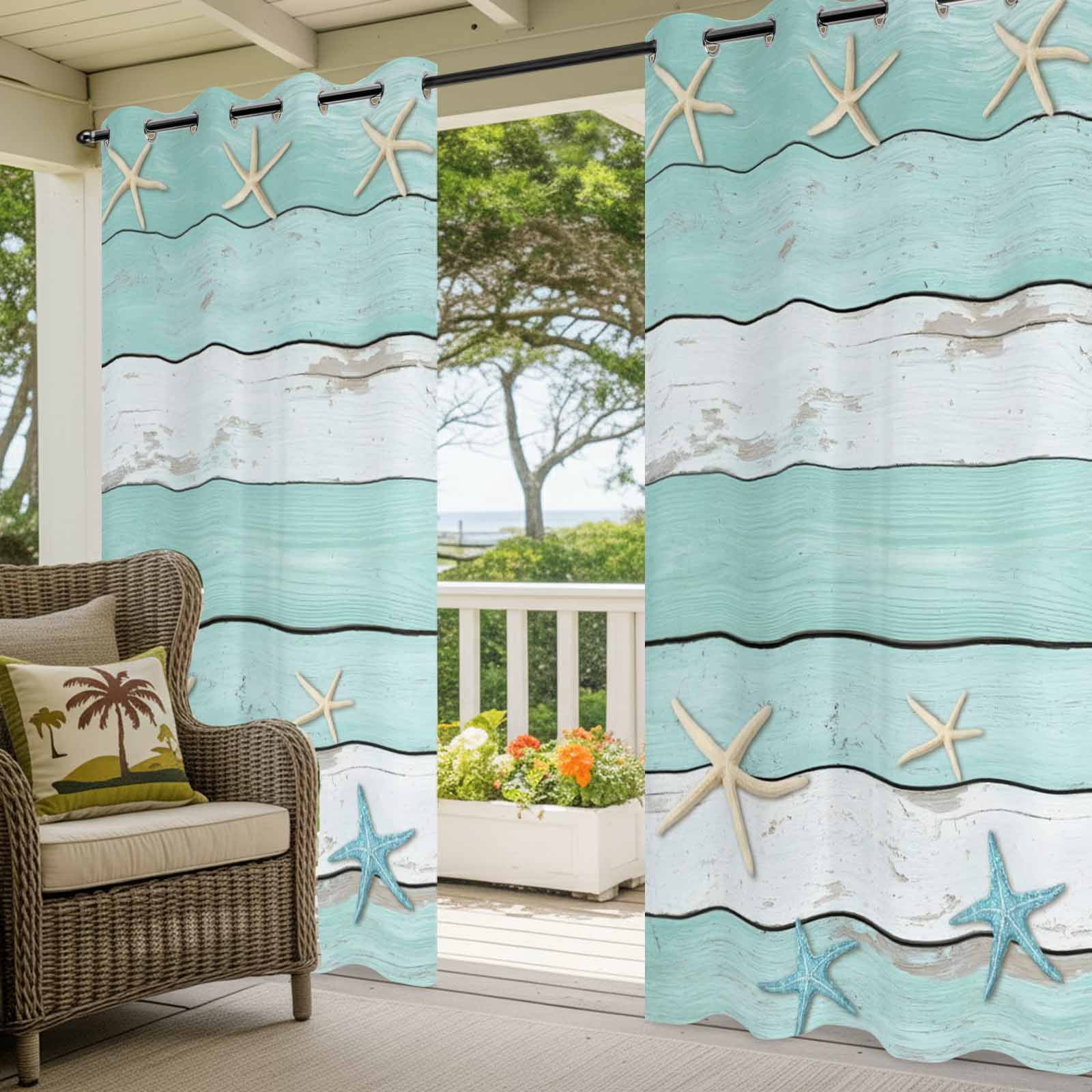 Summer Beach Theme Outdoor Curtains for Patio, Teal and White Wood Grain Beige Starfish Sunshade Privacy Drapes Grommet Waterproof Outside Curtains for Porch/Cabana/Balcony 54"x 108", 1 Panel