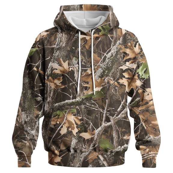 GHUALURU Mens Camo Hoodie, Woodland Tree Bark Oak Leaf Camouflage Pullover Sweatshirt, Outdoor Casual Graphic Hoodie, S-4XL,Multi4,XL