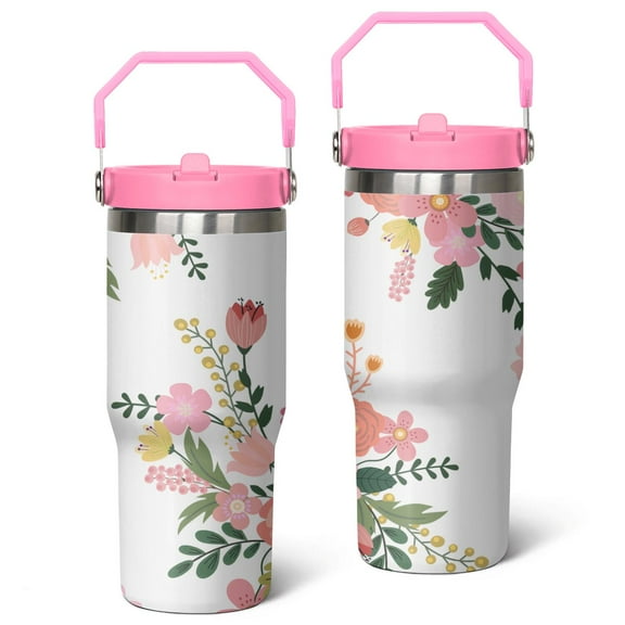 30oz Leaves Multicolored Flower Stainless Steel Tumbler with Top Handle,Colorful Floral Vintage Travel Coffee Mug Flip Straw Cup,Gifts for Women Girls Men Adults(pink)
