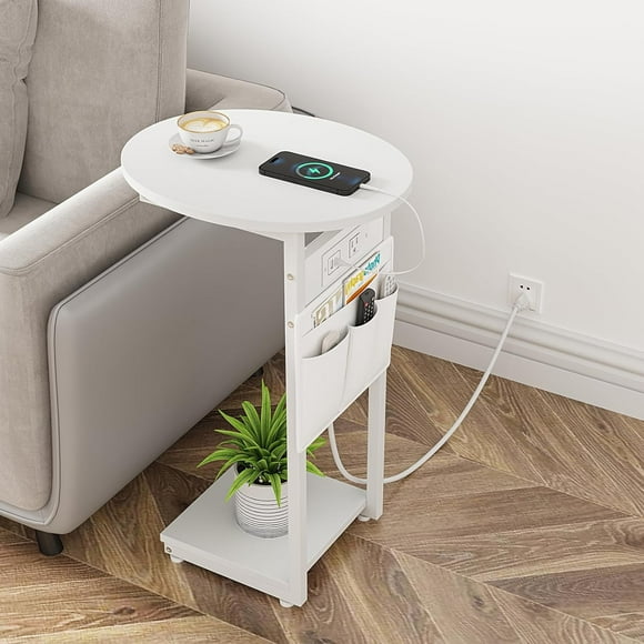 C Shaped End Table with Charging Station, Small Side Table for Couch, TV Tray Slide Under Sofa Table with Metal Frame for Living Room Bedroom, White Round Couch Side Table, White