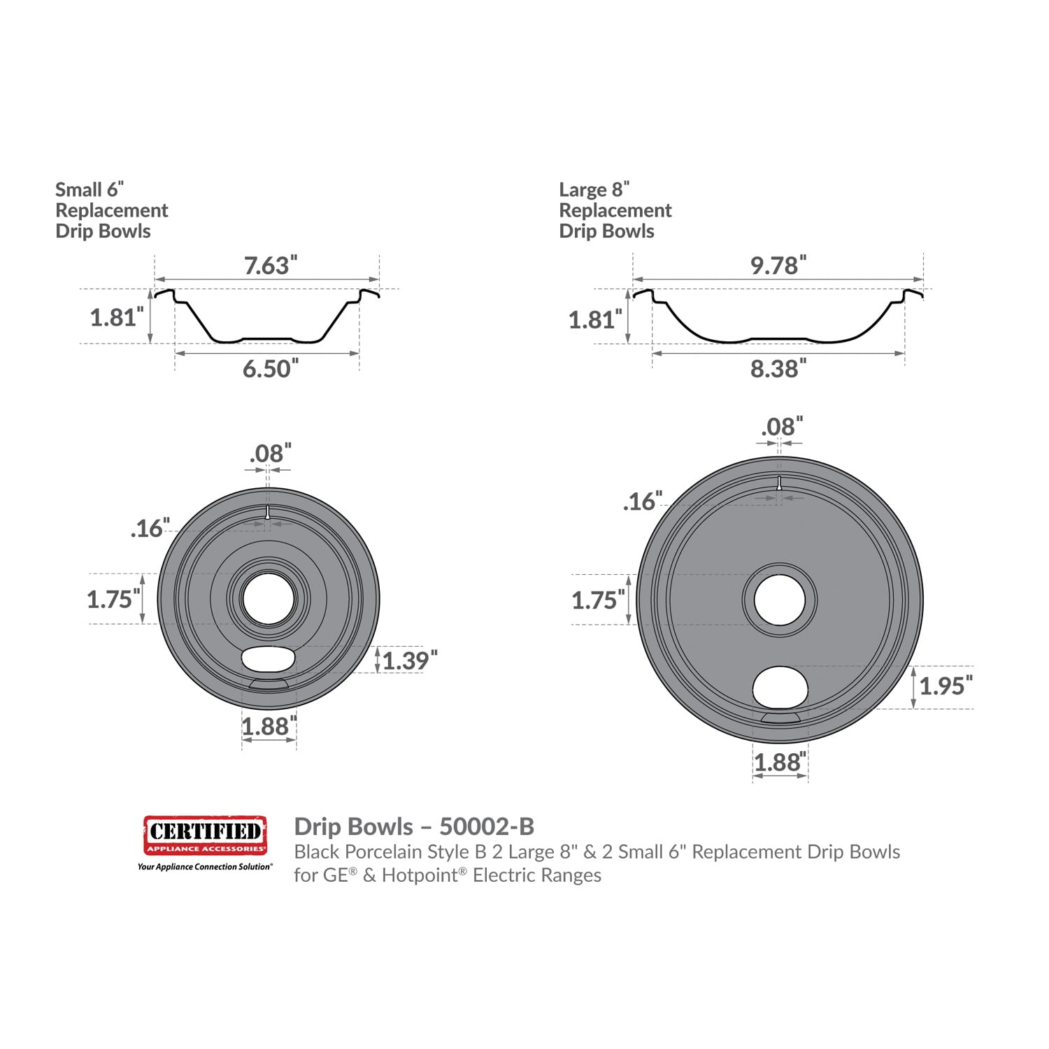 Certified Appliance Accessories 50002-B Black Porcelain Style B 2 Large 8" & 2 Small 6" Replacement Drip Bowls For GE & Hotpoint Electric Ranges