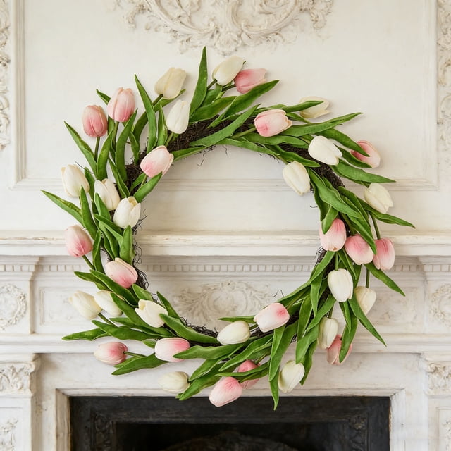Fesfesfes Easter Bunny Ears Wreath for Front Door Spring Tulip Easter Bunny Rattan Silk Wreath with Green Leaves Artificial Tulip Flower for Front Door Outdoor Indoor Wall Window Decor