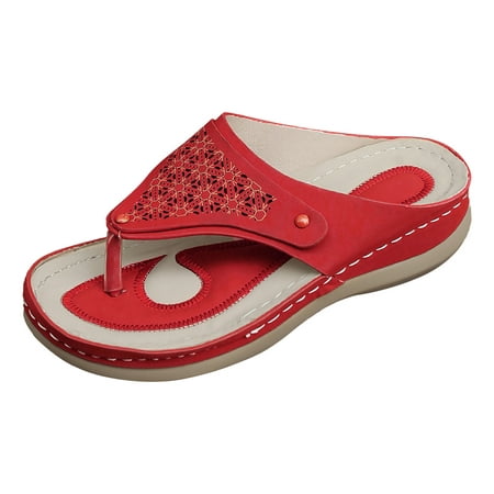 

Ladies Sandals Fashion Solid Wedges Breathable Slip On Open Toe Beach Slippers Sandal Red 38