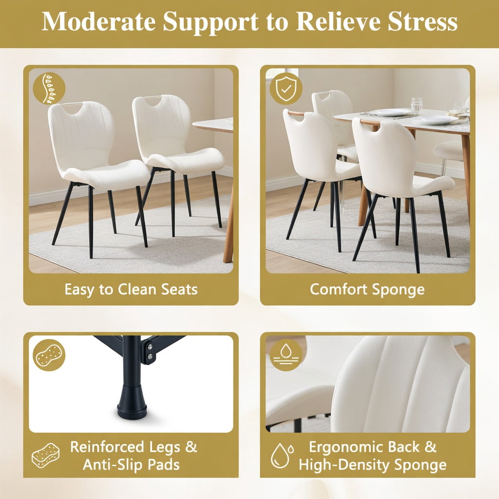 Hommoo Set of 4 PU Leather Dining Chairs with Metal Frame, Ergonomic Wide Cushion, Adjustable Leveling Feet & Integrated Handle for Modern Home, Office & Makeup Use, White