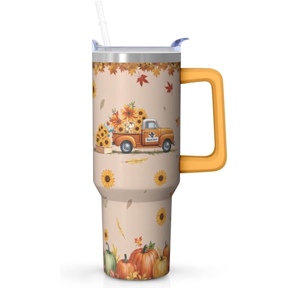 40 oz Tumbler with Handle and Straw Stainless Steel Insulated Pumpkin Truck Mug Fall Gift for Women, Leakproof Travel Cup Dishwasher Safe